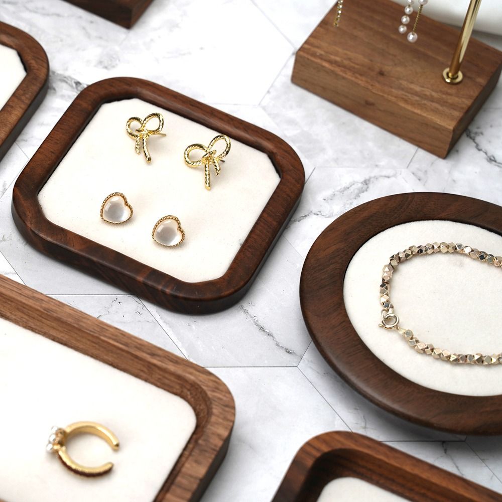 Wood Ring Blank - Basit Geometrik Ahşap Halka Tepsisi Kadife